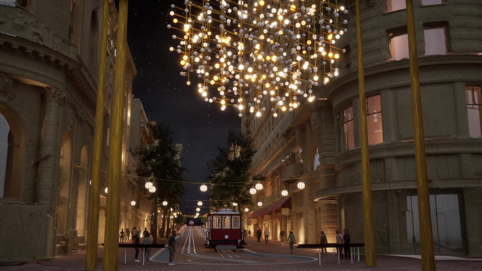 The Powell Street installation, a field of twinkling overhead string lights