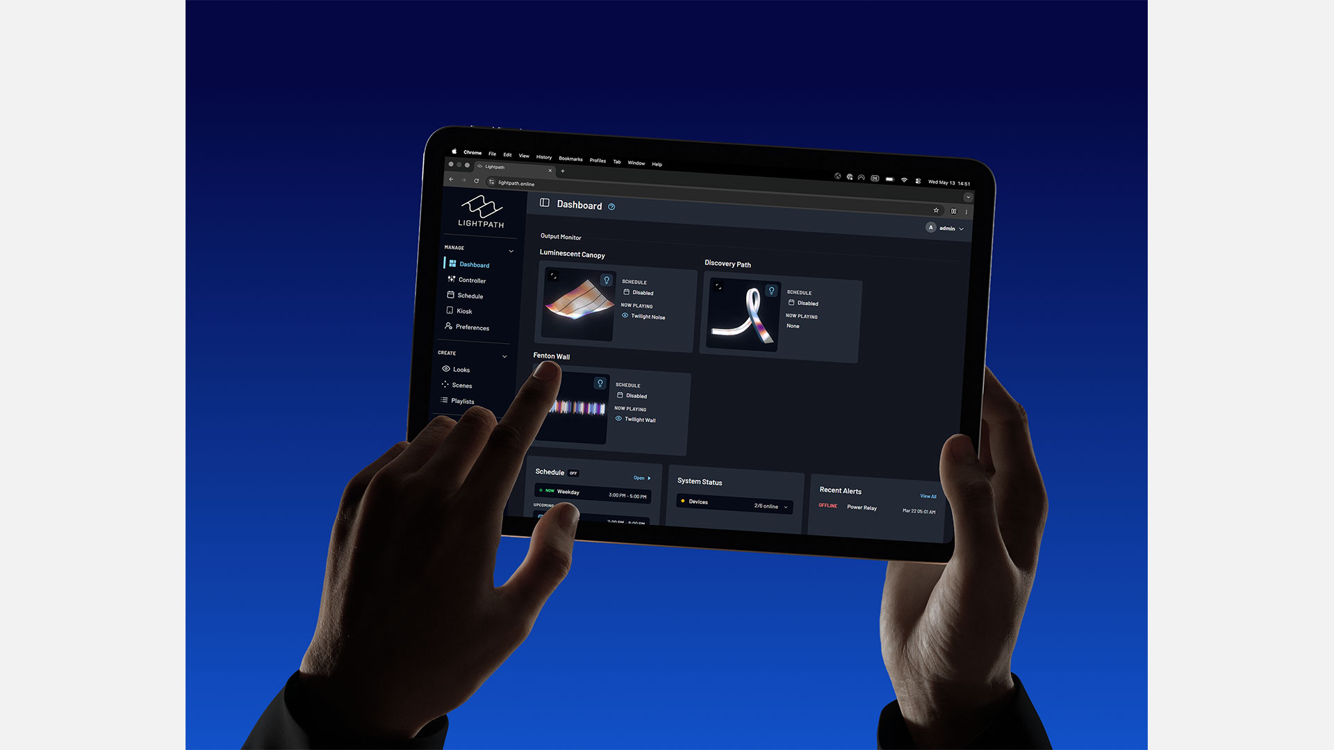 The Lightpath OS dashboard on a tablet: fleet health and schedules at a glance
