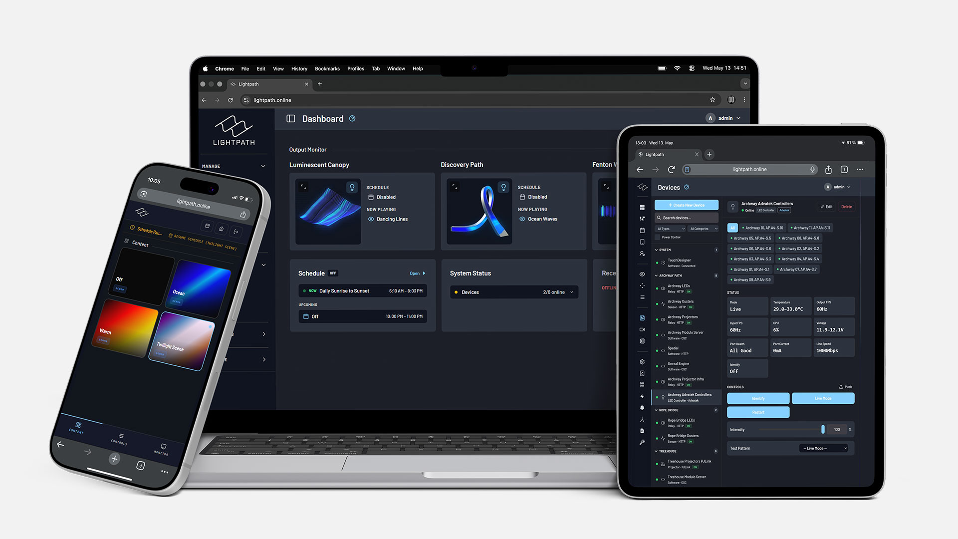 Lightpath OS running in a browser on a laptop, phone, and tablet — dashboard, content, and device telemetry