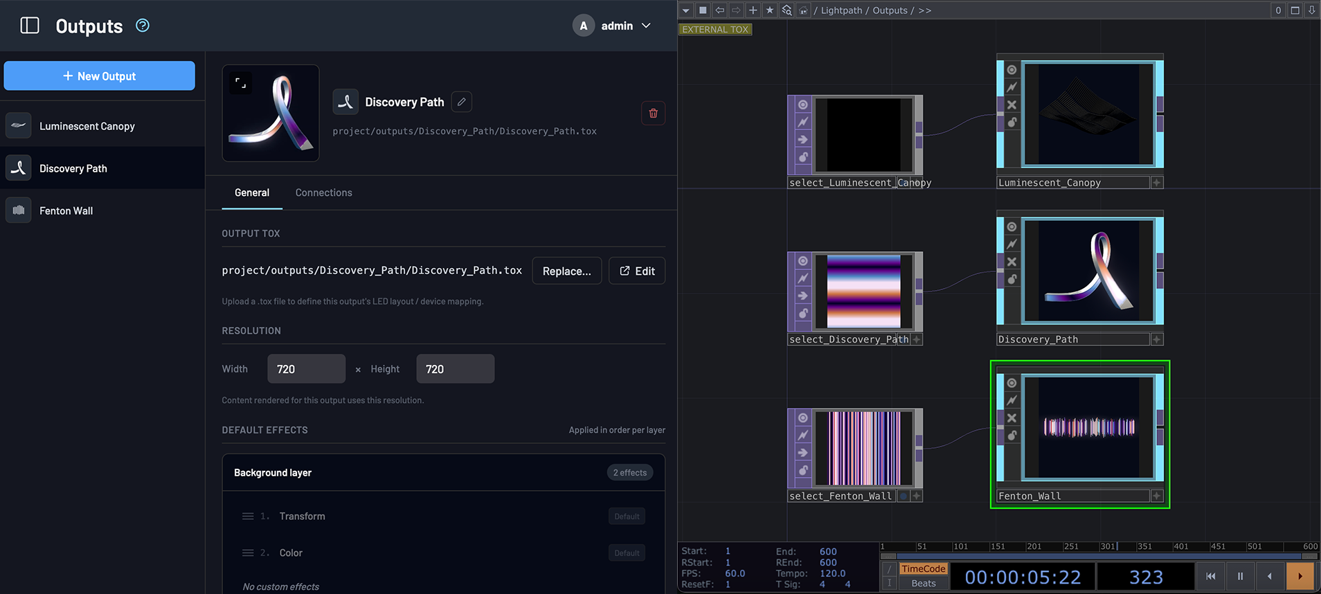 The Lightpath OS Outputs view side by side with the TouchDesigner node network routing each output .tox